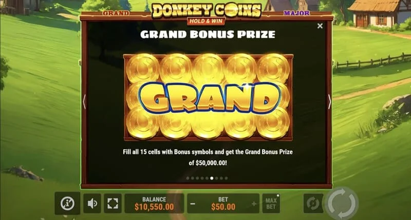 Donkey Coins Hold & Win - écran avec les jackpots Mini, Minor, Major, Grand